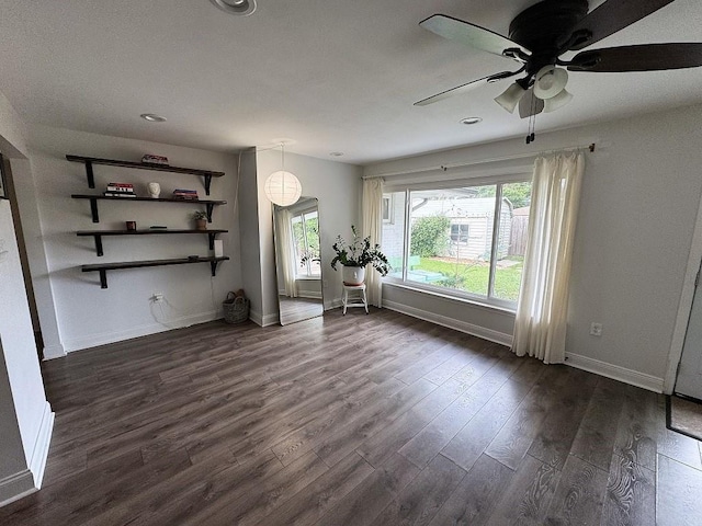 3609 Green Acres Rd, Metairie, LA 70003 - living room featuring a ceiling fan, baseboards, dark wood finished floors, and recessed lighting