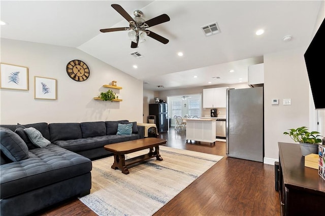 2717 Collette Dr, Marrero, LA 70072 - living room featuring vaulted ceiling, a ceiling fan, dark wood finished floors, and recessed lighting