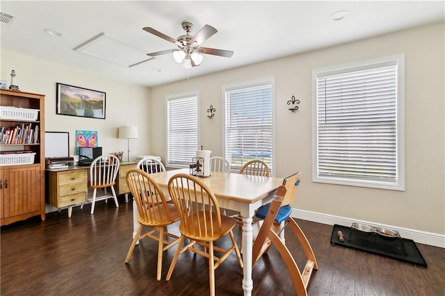 2717 Collette Dr, Marrero, LA 70072 - dining room featuring dark wood-type flooring, ceiling fan, baseboards, attic access, and recessed lighting