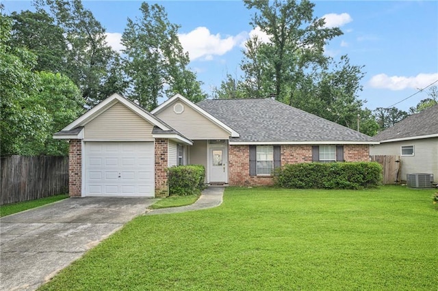 70408 7th St, Covington, LA 70433 - ranch-style home featuring brick siding, central air condition unit, a garage, driveway, and a shingled roof