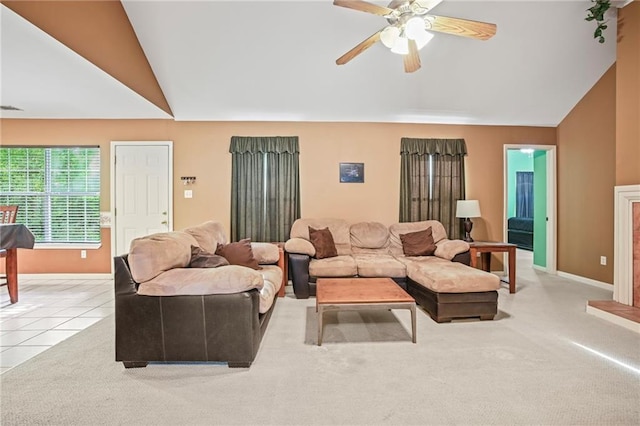 70408 7th St, Covington, LA 70433 - tiled living area featuring lofted ceiling, ceiling fan, baseboards, and carpet floors