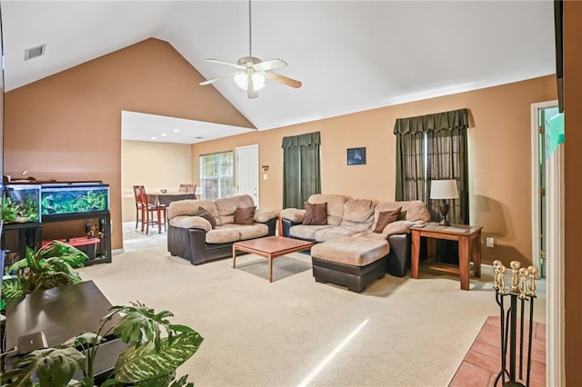 70408 7th St, Covington, LA 70433 - living area featuring a ceiling fan, carpet, and high vaulted ceiling
