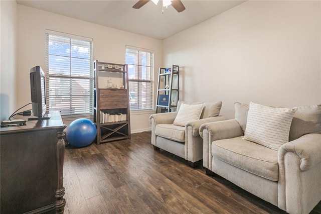 521 Lakeshore Village Ln, Slidell, LA 70461 - living area with ceiling fan, dark wood finished floors, healthy amount of natural light, baseboards, and lofted ceiling