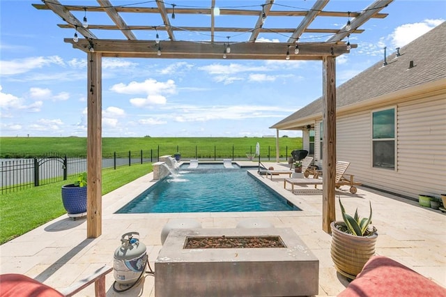 521 Lakeshore Village Ln, Slidell, LA 70461 - view of swimming pool with a fire pit, a pergola, a patio, and a view of countryside
