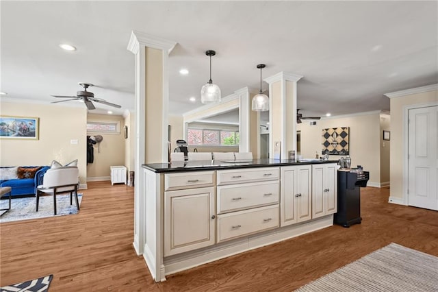3425 Vincennes Pl, New Orleans, LA 70125 - kitchen featuring a ceiling fan, dark countertops, baseboards, recessed lighting, and ornamental molding