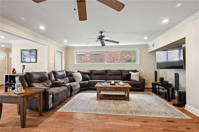3425 Vincennes Pl, New Orleans, LA 70125 - living room featuring a ceiling fan, plenty of natural light, recessed lighting, wood finished floors, and crown molding