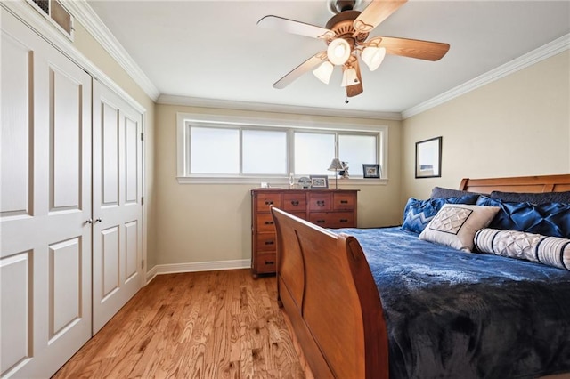 3425 Vincennes Pl, New Orleans, LA 70125 - bedroom featuring multiple windows, baseboards, light wood-type flooring, crown molding, and ceiling fan