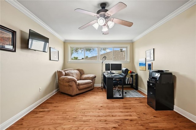 3425 Vincennes Pl, New Orleans, LA 70125 - office space with ornamental molding, light wood-style floors, baseboards, and a ceiling fan