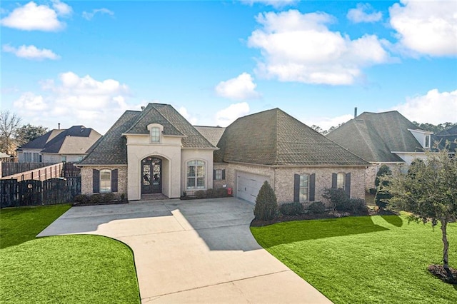 801 Rue Bourdeaux, Covington, LA 70433 - french country home with concrete driveway, an attached garage, brick siding, french doors, and roof with shingles