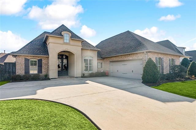 801 Rue Bourdeaux, Covington, LA 70433 - french country inspired facade featuring french doors, driveway, brick siding, a shingled roof, and an attached garage
