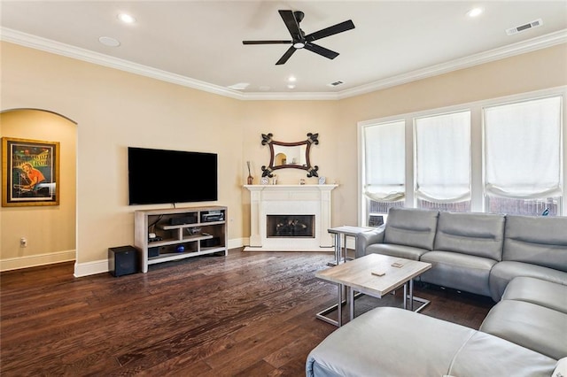 801 Rue Bourdeaux, Covington, LA 70433 - living area featuring ornamental molding, a ceiling fan, wood finished floors, plenty of natural light, and baseboards