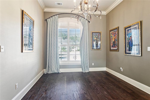 801 Rue Bourdeaux, Covington, LA 70433 - spare room with a chandelier, crown molding, baseboards, and dark wood-type flooring