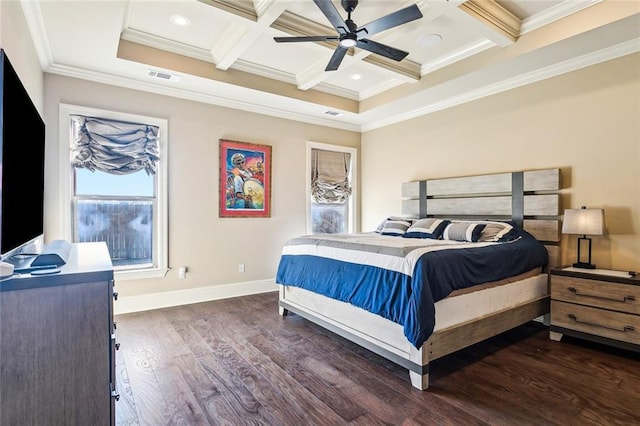 801 Rue Bourdeaux, Covington, LA 70433 - bedroom with coffered ceiling, ornamental molding, dark wood-style flooring, baseboards, and beam ceiling