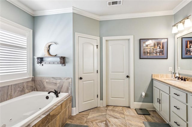 801 Rue Bourdeaux, Covington, LA 70433 - full bathroom with a whirlpool tub, ornamental molding, vanity, and baseboards