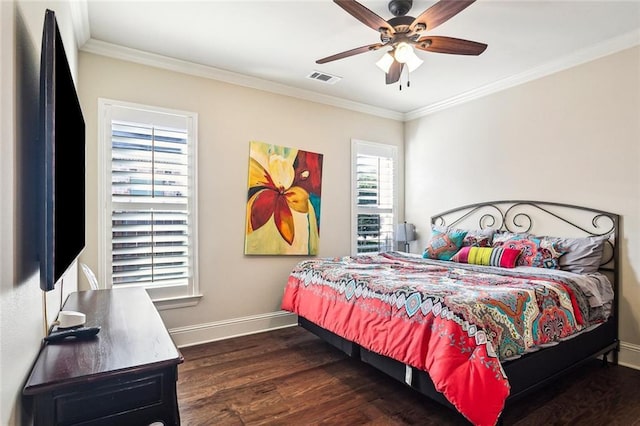 801 Rue Bourdeaux, Covington, LA 70433 - bedroom with baseboards, ornamental molding, wood finished floors, and a ceiling fan