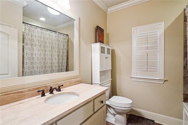 801 Rue Bourdeaux, Covington, LA 70433 - full bath with crown molding, toilet, vanity, and a shower with shower curtain