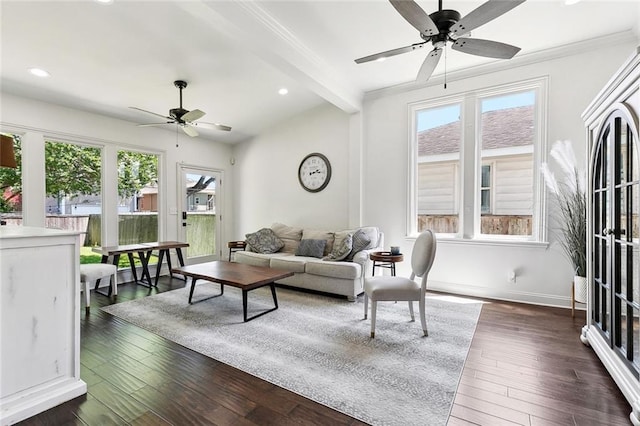6951 Memphis St, New Orleans, LA 70124 - living room featuring ceiling fan, healthy amount of natural light, recessed lighting, crown molding, and beam ceiling