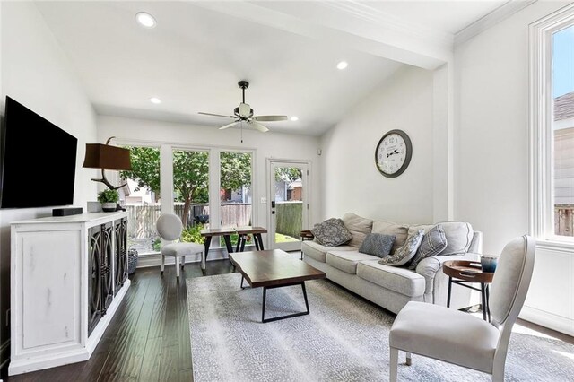 6951 Memphis St, New Orleans, LA 70124 - living room featuring dark wood-style flooring, a ceiling fan, recessed lighting, and ornamental molding