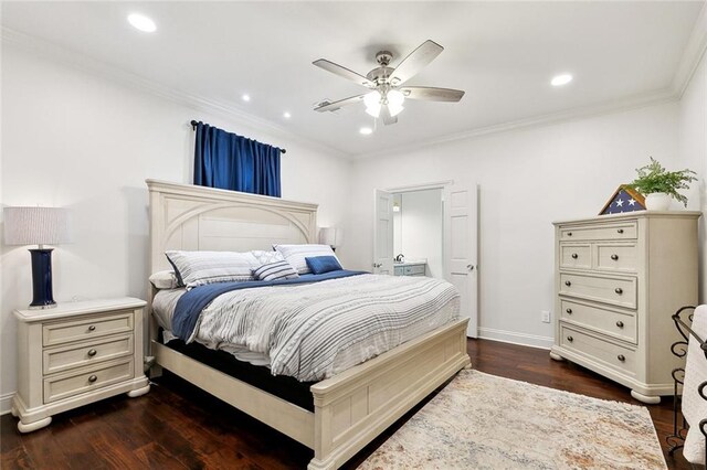 6951 Memphis St, New Orleans, LA 70124 - bedroom with dark wood-type flooring, baseboards, ornamental molding, recessed lighting, and a ceiling fan