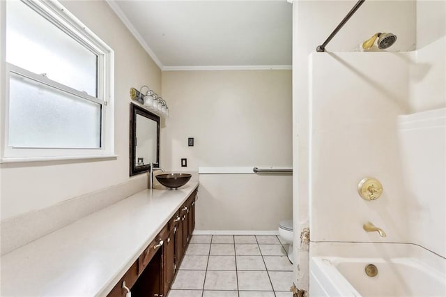 72430 Bullard St, Covington, LA 70435 - bathroom featuring crown molding, vanity, shower / bath combination, tile patterned floors, and toilet