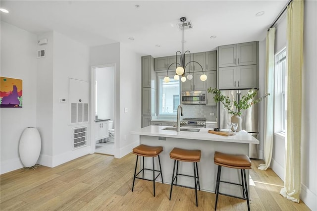 3431 Chartres St Unit 3, New Orleans, LA 70117 - kitchen with appliances with stainless steel finishes, a sink, gray cabinets, light wood-type flooring, and backsplash