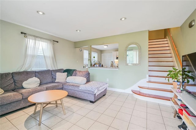 711921 Marshal Foch St, New Orleans, LA 70124 - living area featuring stairs, recessed lighting, light tile patterned flooring, and baseboards