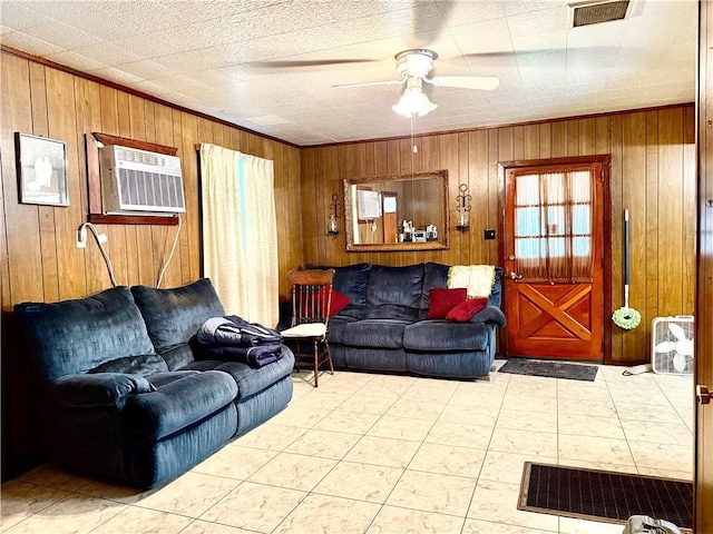 3754 Roman St, Metairie, LA 70001 - living room featuring an AC wall unit, ceiling fan, wooden walls, and ornamental molding