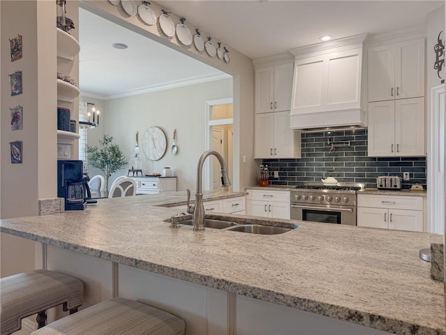 2044 S Lakeshore Blvd, Slidell, LA 70461 - kitchen with high end range, a sink, white cabinetry, custom exhaust hood, and tasteful backsplash