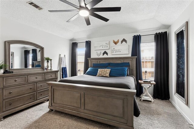 4824 Grand Bayou Dr, Marrero, LA 70072 - bedroom with light carpet, a textured ceiling, a ceiling fan, and lofted ceiling