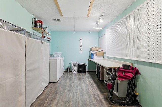4824 Grand Bayou Dr, Marrero, LA 70072 - laundry area with washer and clothes dryer, wood finished floors, attic access, a textured ceiling, and track lighting
