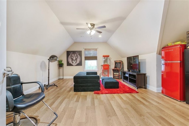 113 Kasey St, Slidell, LA 70458 - living area with wood finished floors, ceiling fan, vaulted ceiling, and baseboards