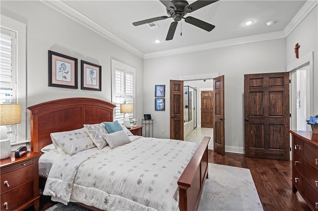 789 Rue St Germain St, Covington, LA 70433 - bedroom with crown molding, dark wood finished floors, recessed lighting, baseboards, and a ceiling fan