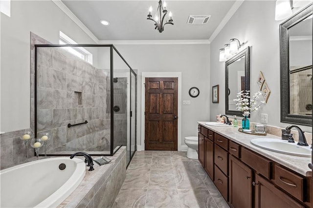 789 Rue St Germain St, Covington, LA 70433 - bathroom with a stall shower, a bath, double vanity, crown molding, and toilet