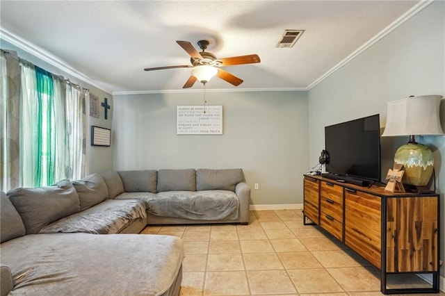 611 Dale Dr, Slidell, LA 70458 - living area featuring a ceiling fan, ornamental molding, light tile patterned flooring, and baseboards