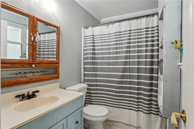 611 Dale Dr, Slidell, LA 70458 - bathroom with vanity, toilet, a textured wall, ornamental molding, and a shower with curtain
