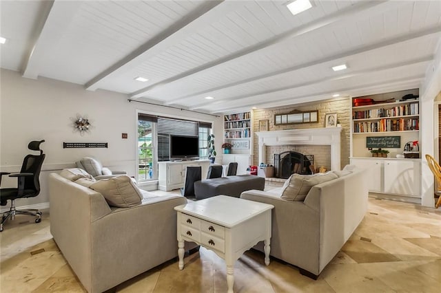 4525 Beau Lac Ln, Metairie, LA 70002 - living room featuring beamed ceiling and a brick fireplace