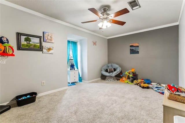 4525 Beau Lac Ln, Metairie, LA 70002 - rec room featuring carpet floors, a ceiling fan, and ornamental molding