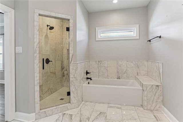 220 Trudeau Dr, Metairie, LA 70003 - full bath with a bath, a stall shower, marble finish flooring, recessed lighting, and baseboards