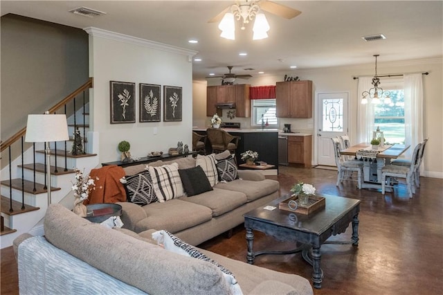 28230 Stanga Rd, Ponchatoula, LA 70454 - living room featuring ceiling fan, stairs, ornamental molding, concrete flooring, and recessed lighting