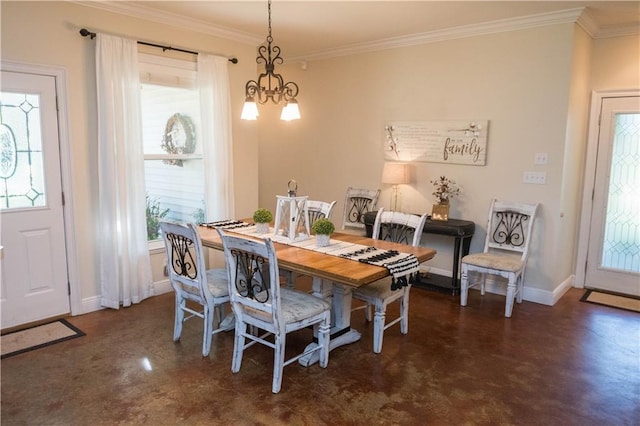 28230 Stanga Rd, Ponchatoula, LA 70454 - dining room featuring ornamental molding, finished concrete floors, healthy amount of natural light, baseboards, and a chandelier
