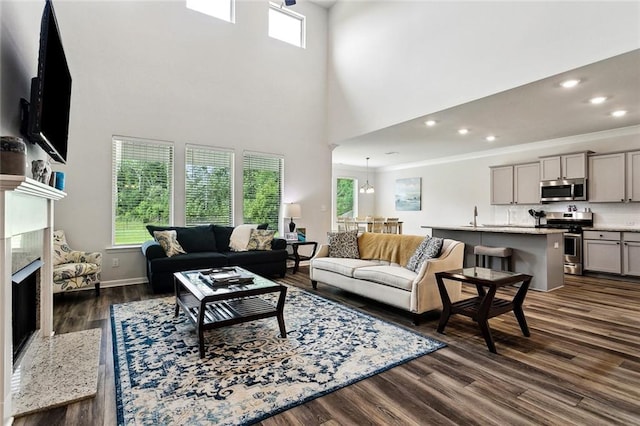 40315 Cypress Reserve Blvd, Ponchatoula, LA 70454 - living room with a premium fireplace, dark wood-type flooring, crown molding, a high ceiling, and recessed lighting