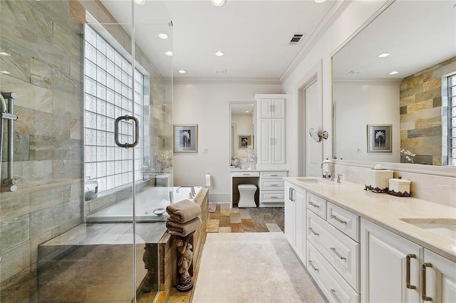 109 Northline St, Metairie, LA 70005 - bathroom featuring a garden tub, double vanity, crown molding, recessed lighting, and a stall shower