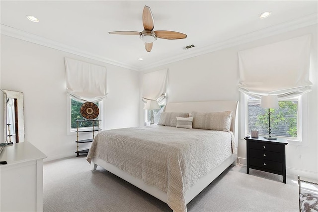 109 Northline St, Metairie, LA 70005 - bedroom with light carpet, recessed lighting, baseboards, ornamental molding, and ceiling fan