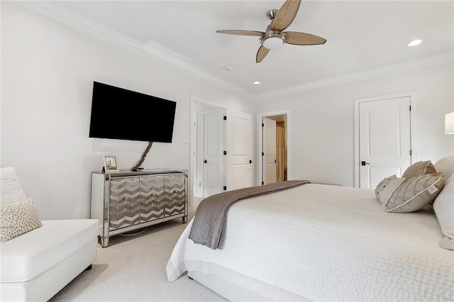 109 Northline St, Metairie, LA 70005 - bedroom with light colored carpet, crown molding, recessed lighting, and ceiling fan