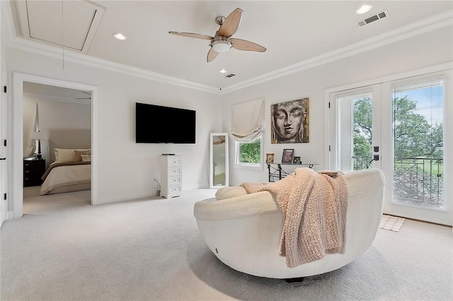 109 Northline St, Metairie, LA 70005 - living area featuring attic access, light carpet, crown molding, a ceiling fan, and baseboards