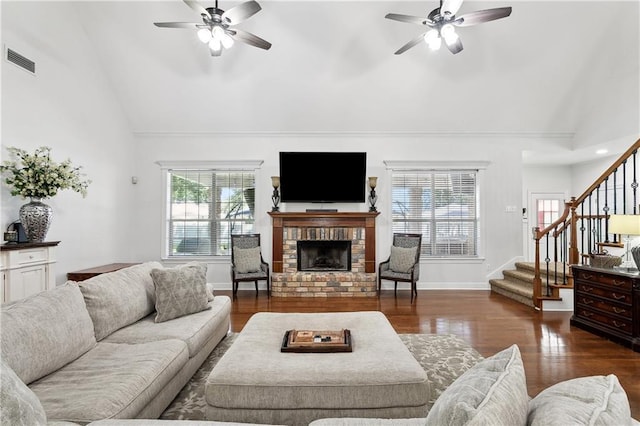126 Rue Acadian, Belle Chasse, LA 70037 - living area with ceiling fan, healthy amount of natural light, stairs, and high vaulted ceiling