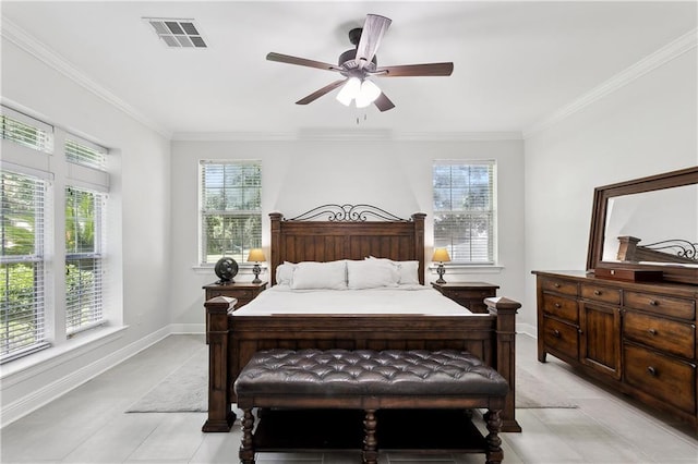126 Rue Acadian, Belle Chasse, LA 70037 - bedroom featuring multiple windows, crown molding, baseboards, a ceiling fan, and light tile patterned flooring