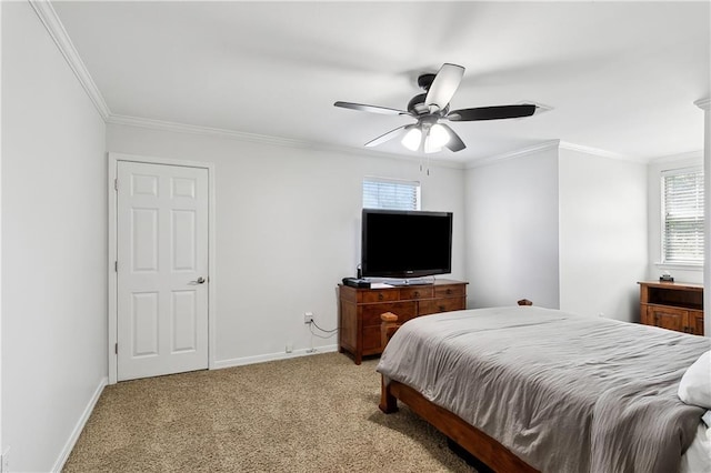 126 Rue Acadian, Belle Chasse, LA 70037 - bedroom featuring ornamental molding, light colored carpet, baseboards, and ceiling fan