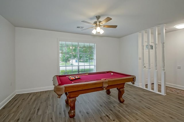 1414 Englewood Dr, Slidell, LA 70458 - recreation room featuring wood finished floors, billiards, baseboards, and ceiling fan