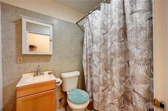 7701 Allison Rd, New Orleans, LA 70126 - bathroom featuring vanity, toilet, tile walls, and a shower with curtain